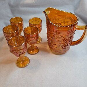 VTG Imperial Carnival Marigold Glass Grape Pattern Pitcher & Set of 5 Goblets